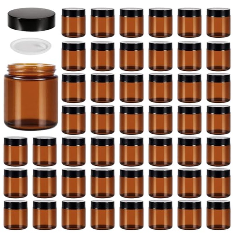 48 Pack 4oz Amber Glass Jars with Lids, Airtight Containers with Liners Lid for Cosmetics, Travel, Lotions Powder, Onitments Candle Making, DIY | Leak-Proof, Reusable (4OZ)