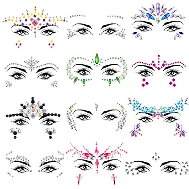 12 Sets Face Jewels Rhinestones Stick on Self Adhesive Face Gems Mermaid Body Jewel Crystal Stickers for Rave Festival Carnival Party Decorations