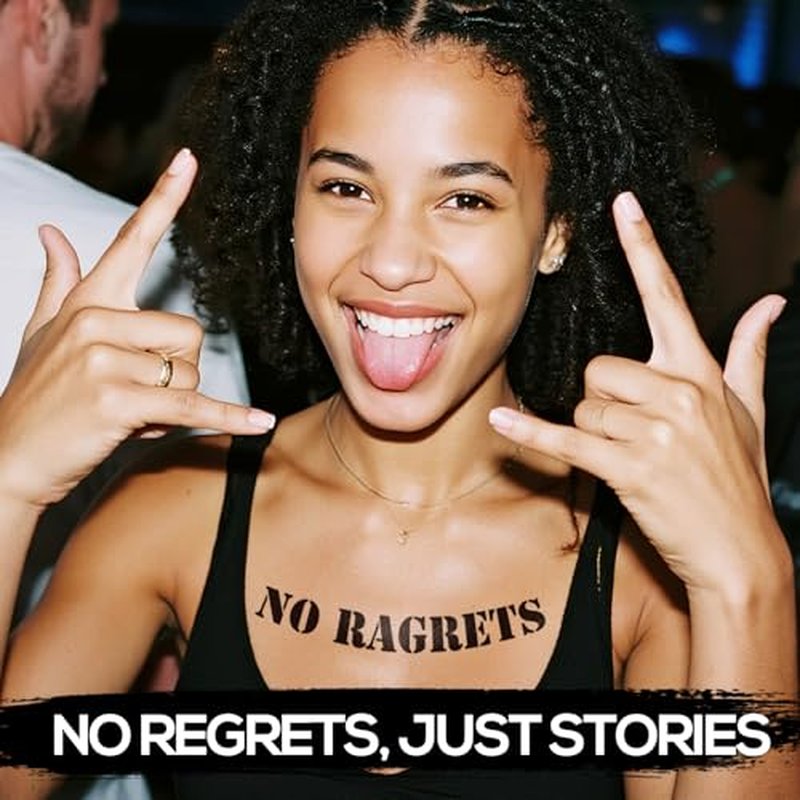 6 Sheets No Ragrets Temporary Tattoos - Funny Phrase Tattoo Stickers for Face, Arm, Body, and Hand