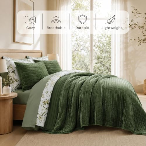 Channel Stitch Olive Velvet Quilt Set King Size with Shams - Bloomhaven