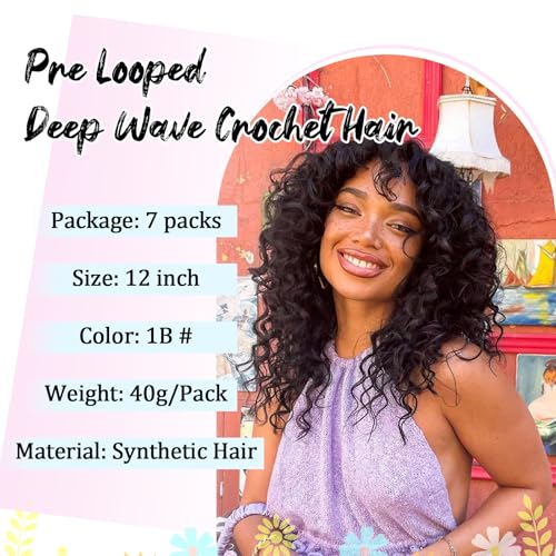 Deep Wave Crochet Hair 12 Inch Black Pre-Looped Curly Synthetic Braiding