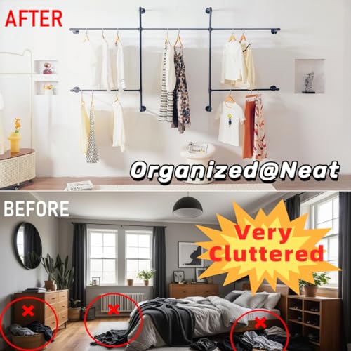 Homeyeeng 5-Rod Wall-Mounted Industrial Pipe Clothing Rack - Heavy-Duty Garment Organizer