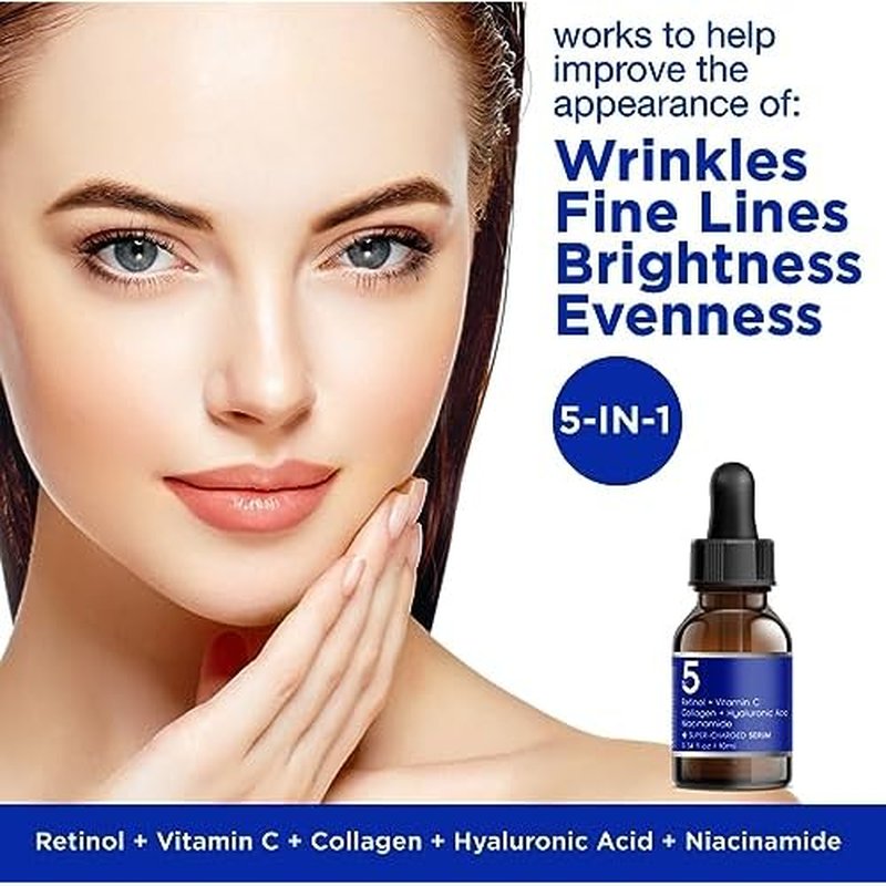 5 in 1 Potent Face Serum with Retinol, Vitamin C, Collagen, Hyaluronic Acid, Niacinamide | May Help Improve Appearance of Fine Lines and Reduce Appearance of Dark Spots Trial Size