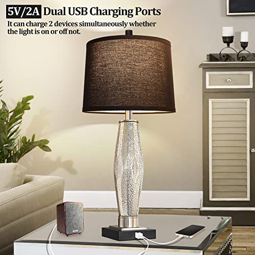 Black QiMH Set of 2 Glass Table Lamps with USB Charging Ports, Modern Nightstand Lights