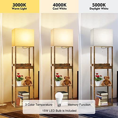 RUNTOP Upgraded Floor Lamp with Shelves and Wireless Charger - Brown with Drawer & USB Ports