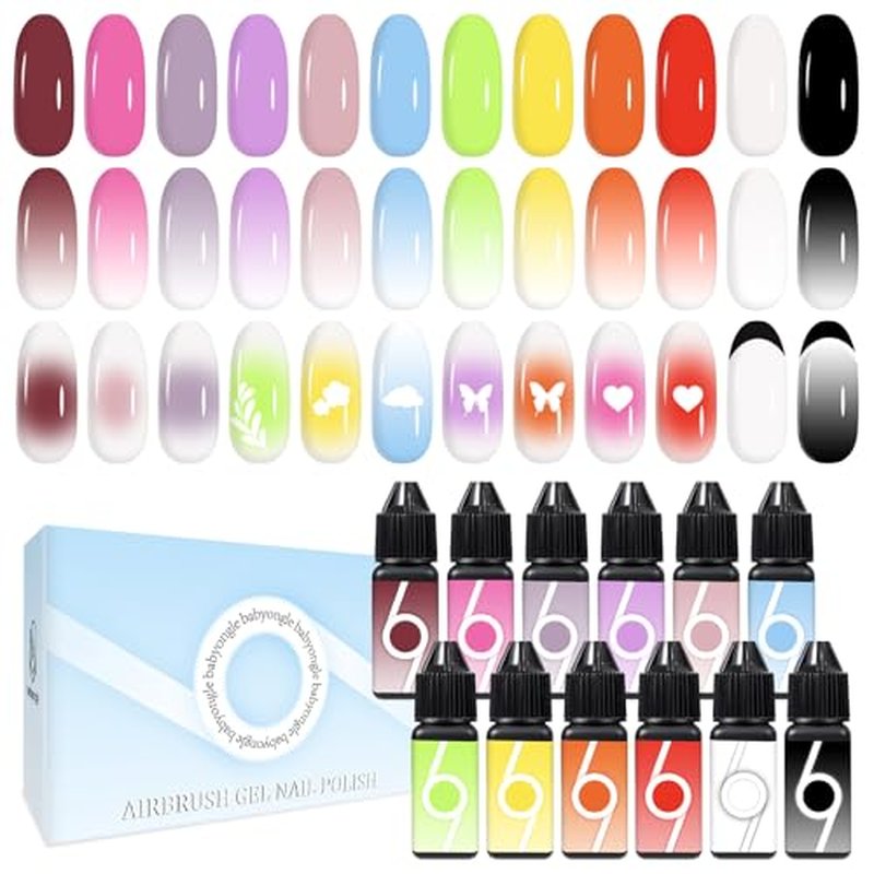 Airbrush Gel Nail Polish, 15ml Dilution Free 12 Vibrant Colors Airbrush Gel for Fine Mist Gradient & French Nails, Acetone Free Salon-Quality Gel Nail Polish For Nail Art Design at Home