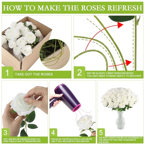 Hananona 100 White Artificial Roses - Realistic Silk Flowers Bulk, 20 Inch Stems