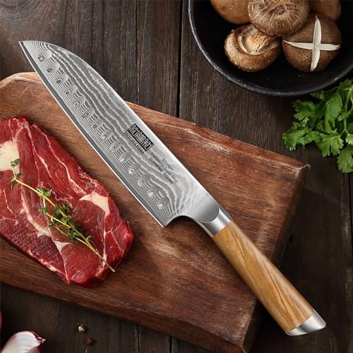 7.1 Inch Damascus Santoku Knife with Ergonomic Olive Wood Handle - Sharp Chef Knife