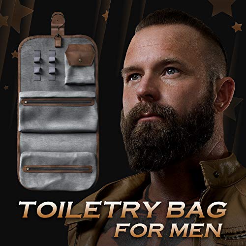 Bossman PU Leather Toiletry Bag for Men - Water Resistant Toiletry Kit Mens Hanging Travel Organizer - Hand Crafted Portable Traveling Accessories