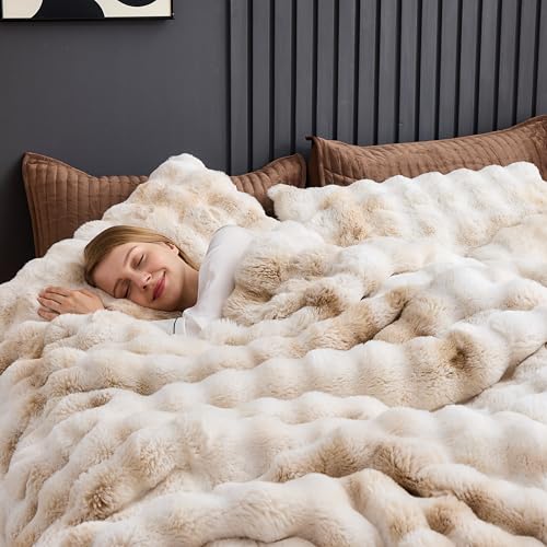 Wonderful Faux Rabbit Fur Queen Comforter Set Tie Dye Beige Plush Bedding Winter