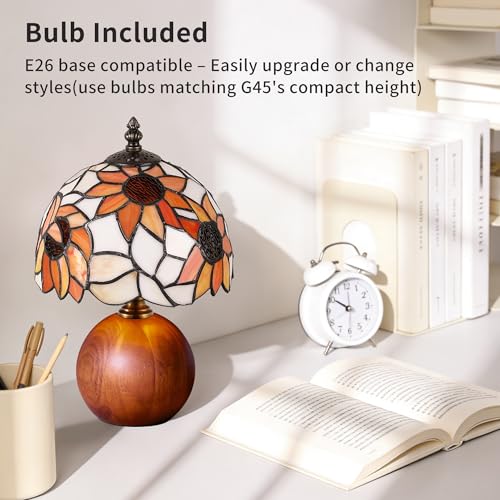 12.2" Retro Sunflower Tiffany Table Lamp with Orange Glass & Wooden Base