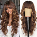 Long Wavy Synthetic Wig for Women - Chocolate Brown with Highlights and Bangs, 26 Inch