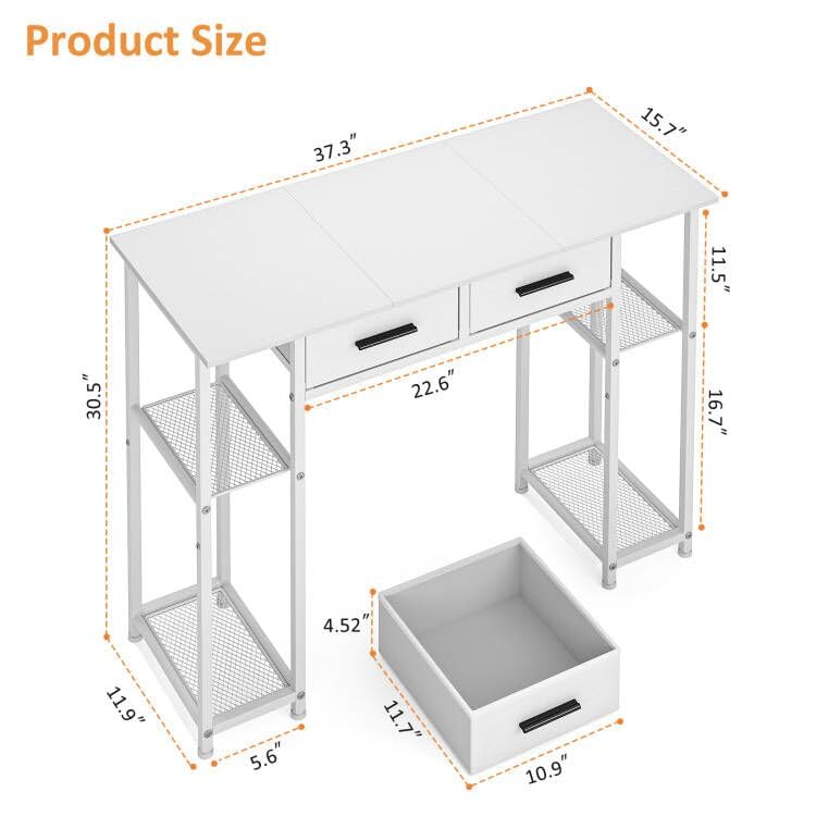 White Computer Desk with Drawers and Storage Shelf - Small Office Study Table