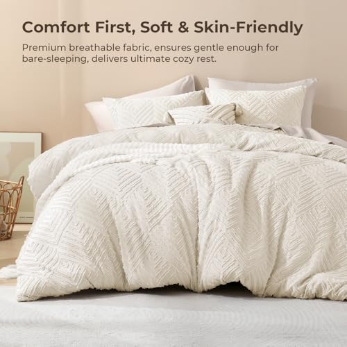 Super King Plus Comforter Set Beige Tufted Boho Bedding 3 Pcs - Litanika 128x120