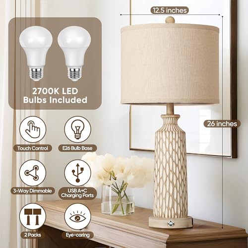 QiMH 26-Inch Farmhouse Table Lamps Set of 2 - Off-White Beige White Decor