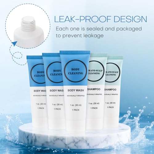 Travel Size Shampoo and Body Wash Bulk, Individually Wrapped Hotel Mini Shower Gel and Small Men Women Cleansing Toiletries Amenities for Hotel/Vacation/Homeless 1 oz (3.7inch, Count, 100)