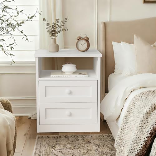 White Wooden Nightstand with Charging Station and LED Lights - Modern Bedside Table with 2 Drawers