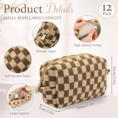 Gilprop 12 Pcs Checkered Makeup Bags Small Cosmetic Pouches Brown Set