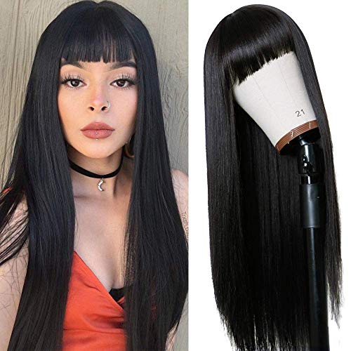 Long Straight Remy Hair Wig 26 Inches Natural Black Heat Resistant Full Machine Wig with Bangs