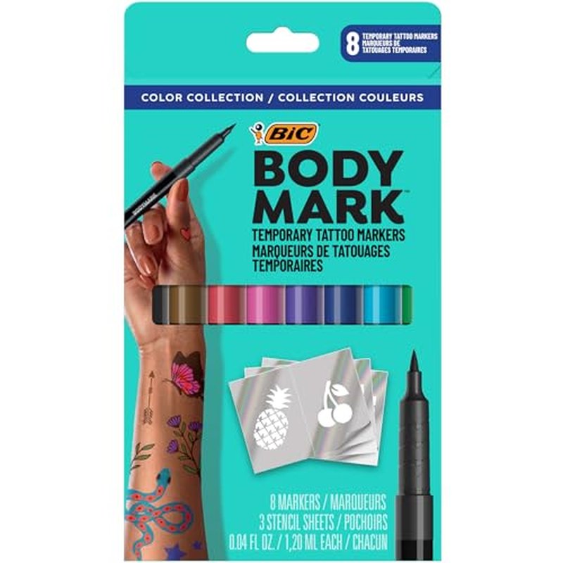 BIC BodyMark Temporary Tattoo Marker with Cosmetic Quality and Skin Safety, 8-Count in Assorted Colors