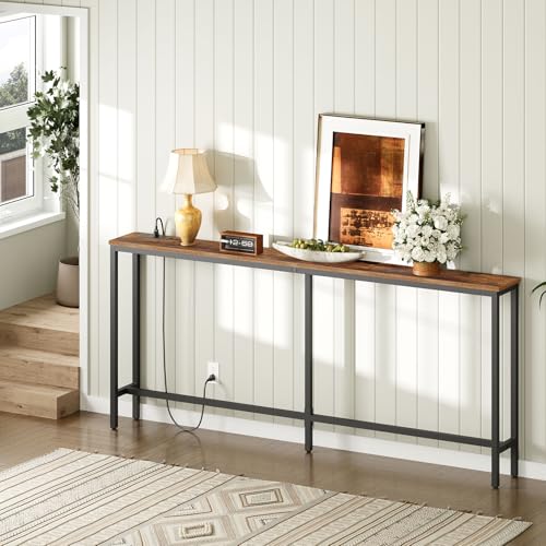 MAHANCRIS Rustic Brown 70.9" Console Table with Charging Station, Slim Entryway Sofa Table with Power Outlets
