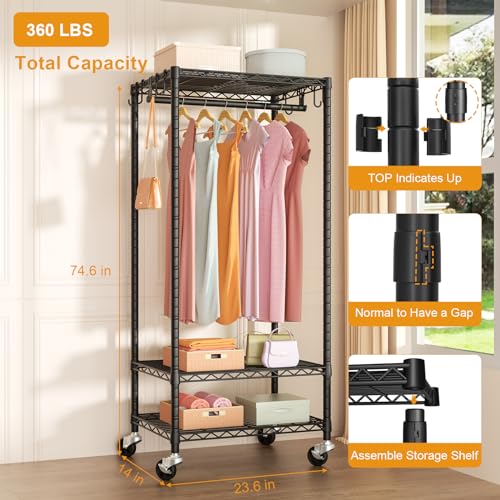 FUTASSI Mini Black Rolling Clothes Rack with Adjustable Shelves & Heavy Duty Support