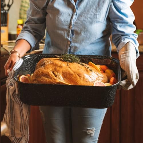 Granite Ware Covered Rectangular Roaster - Enamel on Steel, Speckled Black, 25 lb Capacity
