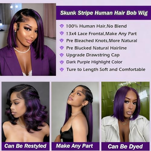 Purple Highlight Bob Wig 13x4 Lace Front Human Hair for Black Women 10 Inch
