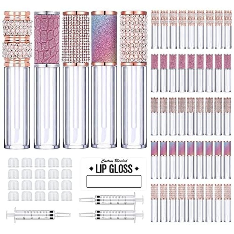 AMORIX 50 Pack Diamond Lip Gloss Tubes with Wand 5ml Empty Rhinestone Lip Gloss Containers + 3pcs Syringes + Labels for DIY Base