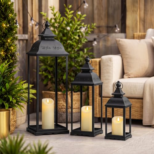 Kittmip 3 Pack Large Black Outdoor Lanterns with Flameless LED Candles - Farmhouse Decor for Porch Patio Fireplace