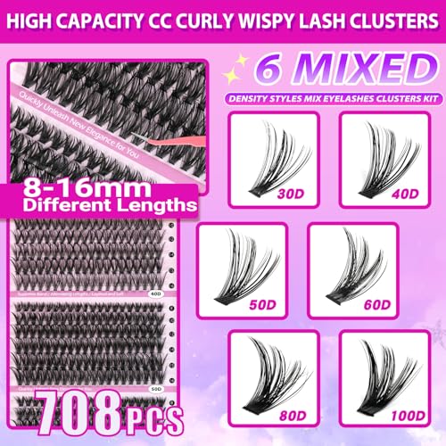 Lash Clusters Kit Wispy Lash Clusters 30D-100D 708pcs Individual Lashes Clusters Kit 8-16mm Natural Eyelash Clusters With Thin Band Soft Cluster Lashes Lash Bond and Seal Tweezers & Brush
