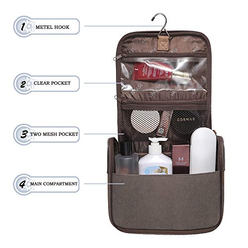 Men's Vintage Leather Hanging Toiletry Bag - Brown Pattern Waterproof Travel Organizer