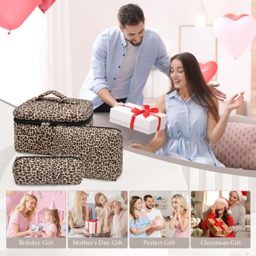 Leopard Print Quilted Makeup Bag Set - 3 Sizes Cosmetic & Toiletry Storage