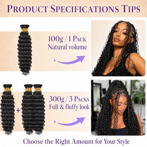 Deep Wave Human Braiding Hair for Boho Braids - 20 Inch Natural Black 100g
