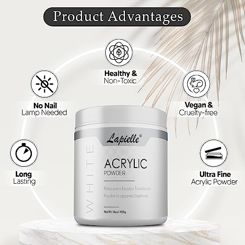 Professional Acrylic Powder for Nail Art. Long-lasting, Large capacity and quick dry. Quality Salon Manicure Nail extension CLEAR, PINK, & WHITE (16oz) (White)