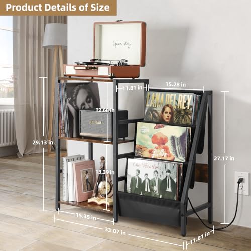 Bikoney Record Player Stand with Power Outlet & 3-Tier Vinyl Storage, Brown & Black, Fits Up to 200 Albums
