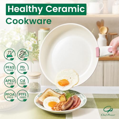 White Ceramic Cookware Set 14Pcs Non-Toxic Detachable Pans and Pots
