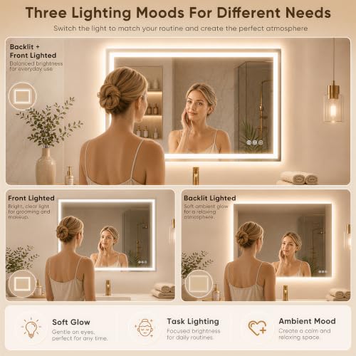 LED Bathroom Mirror with Lights - 36 Inch x 30 Inch, White, 3 Light Modes, Anti-Fog