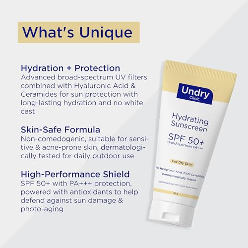 Hydrating Sunscreen for Dry Skin Lightweight, Photostable Sunscreen SPF 50 Broad Spectrum Sun Screen Protector SPF 50 Sunscreen Sun Cream with HA & Ceramide (50gm/1.7 Oz)
