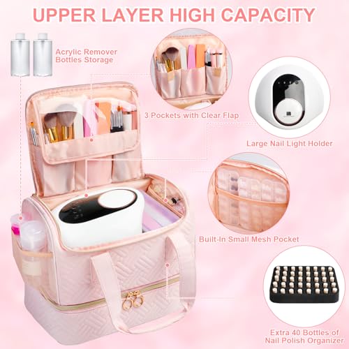 Nail Polish Organizer Bag Holds 80 Bottles (15ml/0.5fl.oz)& Nail Lamp, Soft Velvet Nail Kit Storage Carrying Case with Shoulder Strap, Double Layer Nail Supplies Organizer Handbag Women (Pink)
