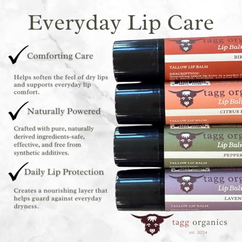 Tallow Lip Balm Variety Pack ? Moisturizing Lip Care with Grass-Fed Tallow, Natural Beeswax & Essential Oils, 4 Pack (.15 oz)