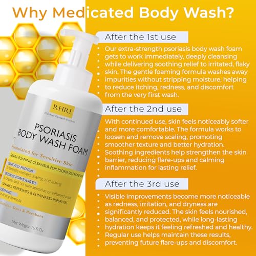 Psoriasis Body Wash with Scrubber - Gentle Foaming Cleanser for Sensitive Skin