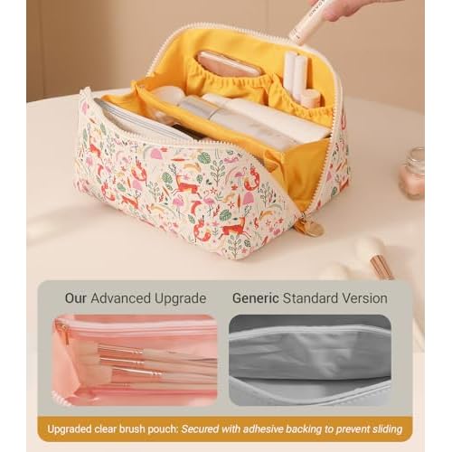 Aveniee Travel Makeup Bag for Women, Large Cosmetic Organizer with Open-Flat Design, Clear Divider & Handle - Waterproof PU Leather Toiletry Pouch