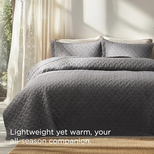 Bedsure Oversized King Quilt Set Grey - Lightweight Basket Weave Pattern Bedding