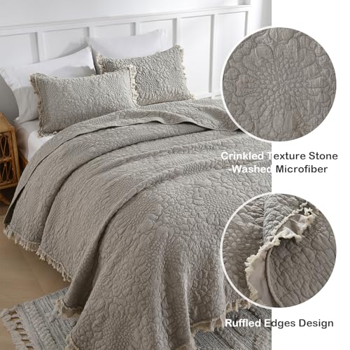 Beige Ruffled Quilt King Size Bedding Set - Rustic Farmhouse Microfiber, Reversible 3 Pieces