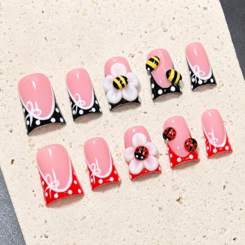 D-409-0 10pcs Short Square Black Red Polka Dot Fake Nails with 3D Bee & Ladybug Designs - Hand Made Flower Stick On Nails Kit for Women
