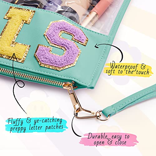 Large Chenille Letter Bag, 2 PCS Preppy Stuff Clear Bag, PU Waterproof Snack Makeup Sunscreen Bag Travel Cosmetic Pouch, Gift for Women Girls