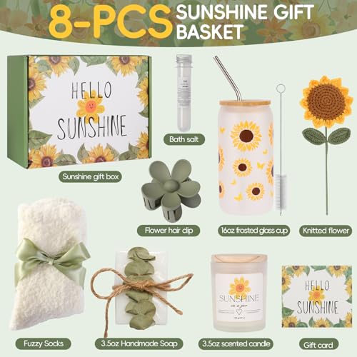 Self Care Gift Basket for Women Sunflower Spa Set with Candle & Handmade Soaps
