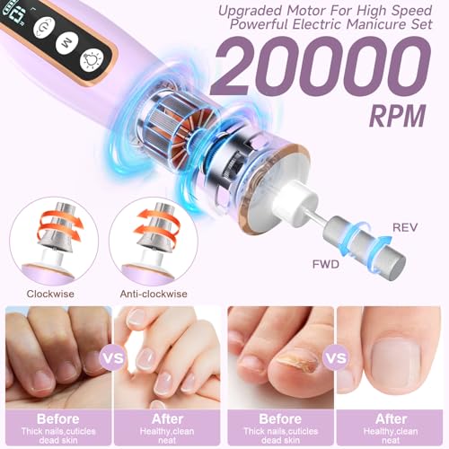 Professional Manicure Pedicure Kit with 360¡Æ LED Light&10 Speeds&Memory Mode with Case, Cordless Electric Nail Drill, Pedicure Tools for feet,Hand Foot Care Nail File for Thick Nail Toenail Cuticle