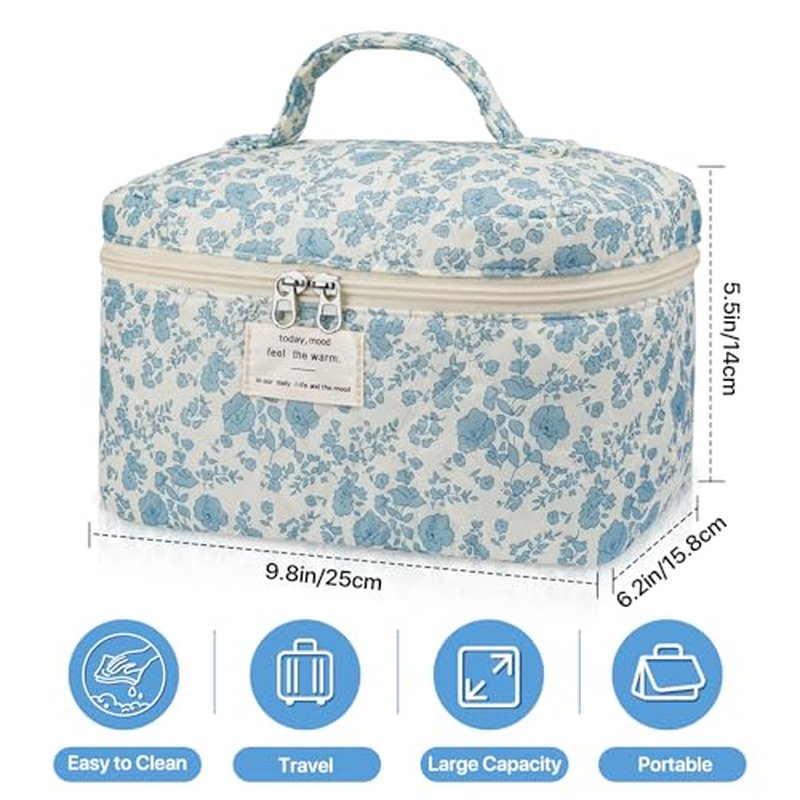 Large Floral Makeup Bag for Women, Cute Quilted Cosmetic Bag Travel Toiletry Organizer Make up Bag, Coquette Aesthetic Big Makeup Bags for Girls Gift (Blue)